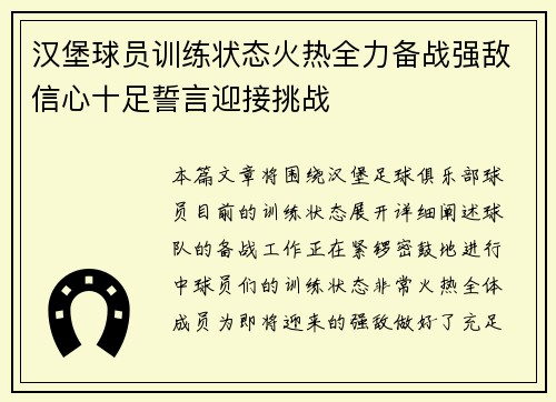 汉堡球员训练状态火热全力备战强敌信心十足誓言迎接挑战